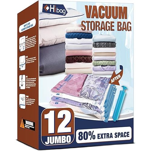 HIBAG Vacuum Storage Bags, 12 Jumbo Vacuum Seal Bags for Clothing, Space Bags for Clothes, Comforters, Blankets, Bedding (12J)