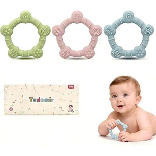 3 Pack Baby Teething Toys Baby Essentials & Infant Toys Silicone Teether for Babies 0 3 6Months Baby Chew Toys Newborn Learning Developmental Teething Relief Toys with Valentines Baby Toys Gifts Box