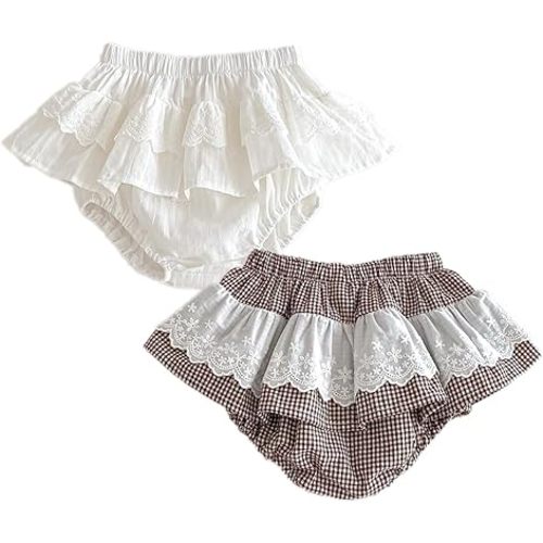 Toddler Plaid Ruffles Bloomers Skirt Shorts Baby Girls Lace Embroidery Shorts 2pcs