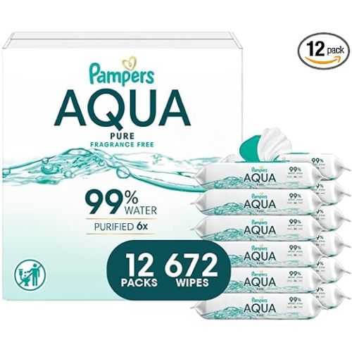 Pampers Baby Wipes Aqua Pure, 99% water-based wipes, Hypoallergenic and Unscented Baby Wipes, 672 Wipes Total (12 Flip-Top Packs)