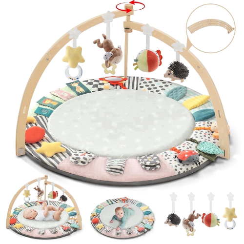 Wooden Baby Play Gym & Activity Mat,Foldable Tummy Time Playmat W/ 7 Detachable Sensory Toys for Newborn Motor Skills & Sensory Development,Grey