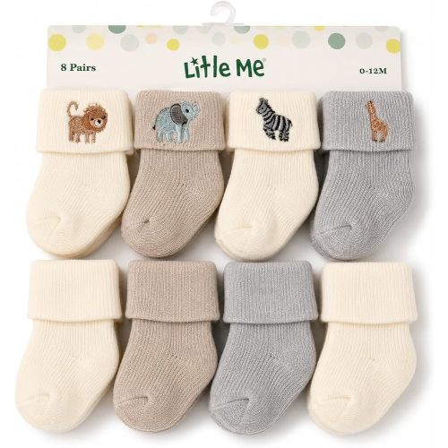 Little Me 8-Pack Baby Socks, Full Cushioned Turncuff Crew Socks, Neutral Safari Animal Design, Unisex Infant Socks, 0-12 Months