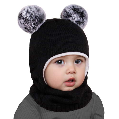Baby Winter Knit Hat with Soft Pom Poms, Toddler Pullover Style Beanie with Integrated Neck Warmer, Cute Animal Ear Design Fleece Lined Cap for Infants and Kids Cold Weather Protection - Black