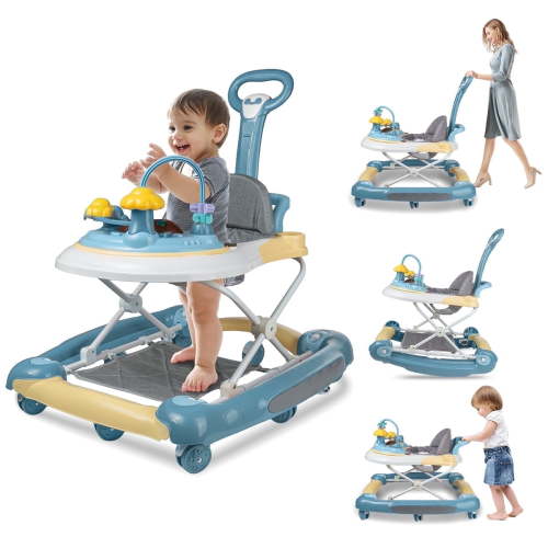 JOJOLAM 5-in-1 Foldable Baby Walker, Adjustable Height, Musical Activity, Green