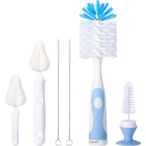 Upright Baby Bottle Brush Set, Concealed Detail Cleaner, Wash Tool, Blue | Upright baby bottle wash set with concealed detail brush, white foam heads & straw cleaners for daily accessory care.