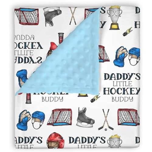 Mink Baby Boys Blankets Daddy's Little Hockey Buddy, Blue Ice Hockey Sport Game Soft Double Layer Dotted Backing Receiving Swaddle Newborn Infant Toddler Nursery Crib Bedding Shower Gift 30x40