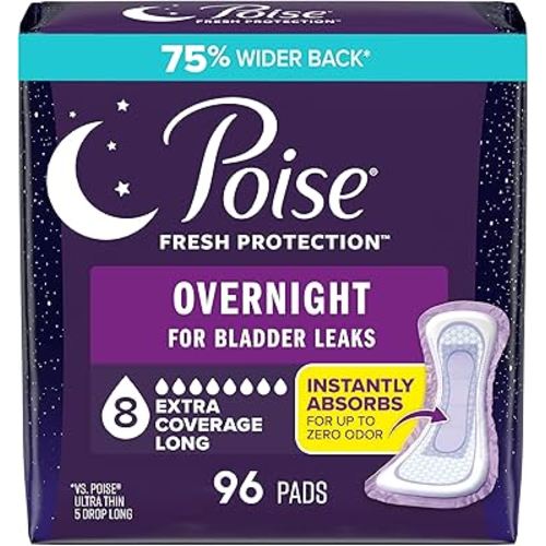 Poise Overnight Incontinence & Postpartum Pads for Bladder Leaks, 8 Drop Extra Coverage, 96 Count, Packaging May Vary