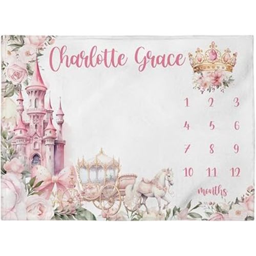 Customized Princess Milestone Blanket, Personalized Baby Girl Month Castle Blanket, Floral Nursery Custom Newborn Age Tracker New Mom