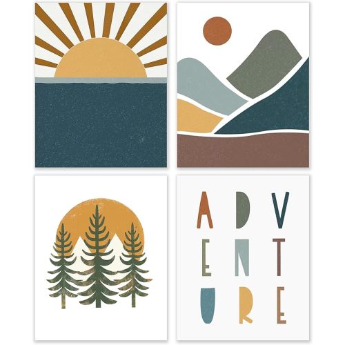 BESERH Boho Nursery Adventure Wall Art Set of 4, Adventure Nursery Decor, Boho Sun Woodland Mountain Forest Posters Wall Decor for Baby Toddler Boy Girl Room Nursery Playroom, 8x10 Inches Unframed