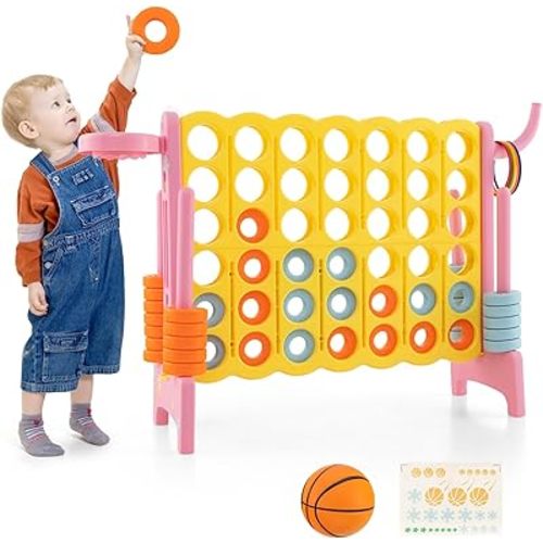 HONEY JOY Jumbo 4-to-Score Giant Game Set, 3-in-1 Indoor Outdoor Family Yard Game Set w/Basketball Hoop & Ring Toss, 42 Jumbo Rings, Quick-Release Slider, Giant 4-in-A-Row for Kids & Adults