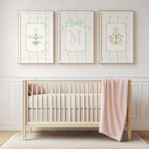 Pink Floral Monogram Nursery Art Prints: Grand Millennial Coquette Decor