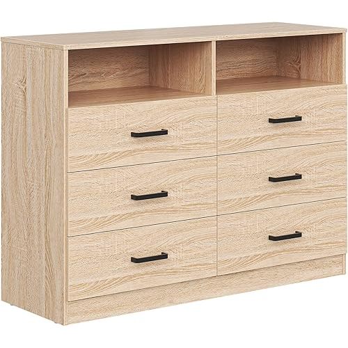 Bigbiglife 6 Drawers Dresser for Bedroom Wooden Drawer with Open Storage Cubby, Double Wide Dresser Organizer for Bedroom, Living Room, Entryway, Hallway (Light Oak)