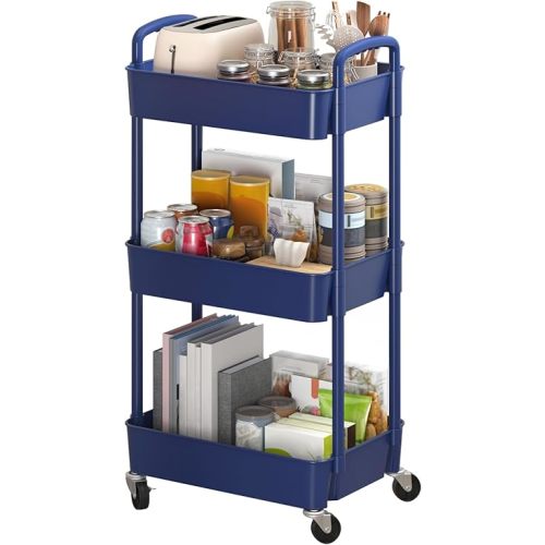 Sywhitta 3-Tier Plastic Rolling Utility Cart with Handle, Multi-Functional Storage Trolley for Office, Living Room, Kitchen, Movable Storage Organizer with Wheels, Blue