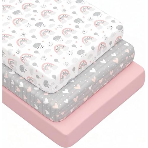3 Pack Crib Sheets for Girls – Fitted Crib Sheets for Standard Crib Mattress and Toddler Mattress, Ultra Soft Breathable Washable Polyester, 28x52inch, Pink & Grey Heart