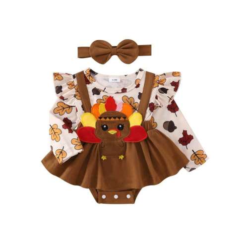 Baby Girl Christmas Halloween Outfit, Santa Ghost Turkey Patch Flying Long Sleeve Romper Dress Bow Headband 2 Piece Set For Fall | SHEIN USA