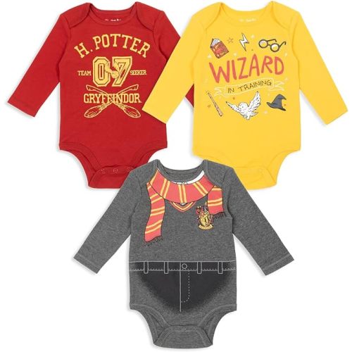 Harry Potter Hermione Baby 3 Pack Long Sleeve Bodysuits (Newborn-Infant) - 6-9 Months - Red / Yellow / Grey