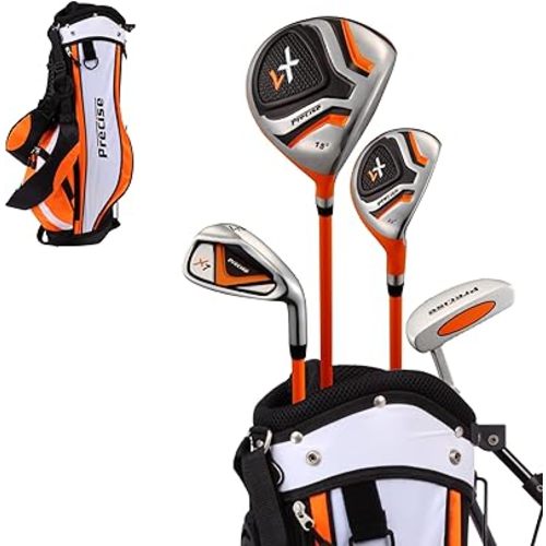 Precise X7 Kids Golf Clubs Set – Boys’ & Girls’ Junior Golf Set with Lightweight Graphite Shafts, Hybrid, Putter & Stand Bag