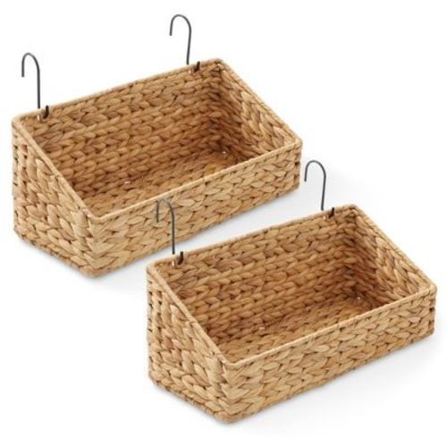 Casafield Set of 2 Hanging Baskets with Hooks, Woven Hyacinth Shelf Storage Wall Mounted Bins for Bathroom, Kitchen, Office, Laundry Room