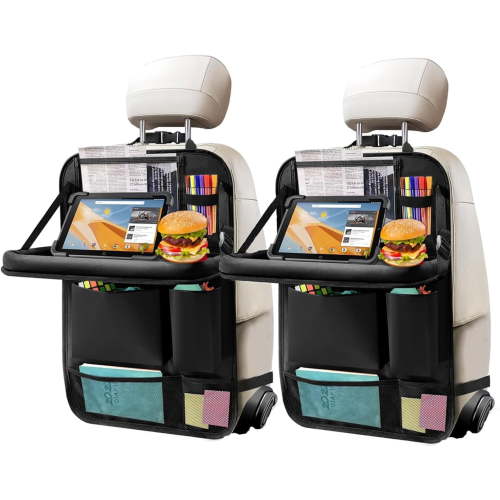 2Pack Car Backseat Organizer with Foldable Table Tray,6 Storage Pockets Car Storage Organizer with Tablet Holder,Car Seat Back Protectors Kick Mats Travel Accessories (Black)