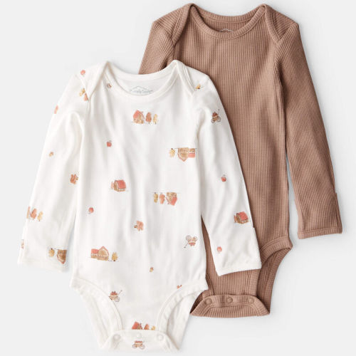 Brown/White Baby Barn Print PurelySoft Long-Sleeve Multipack Bodysuits - Brown/White | Carter’s Oshkosh Canada