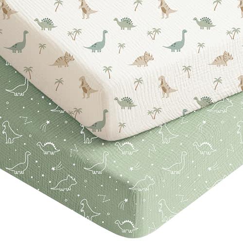 Konssy Muslin Crib Sheets for Boys, Soft Cotton Neutral Baby Sheets for Standard Crib Mattress 2 Pack, 52"x28" (Dino Jungle,Sage Dino)