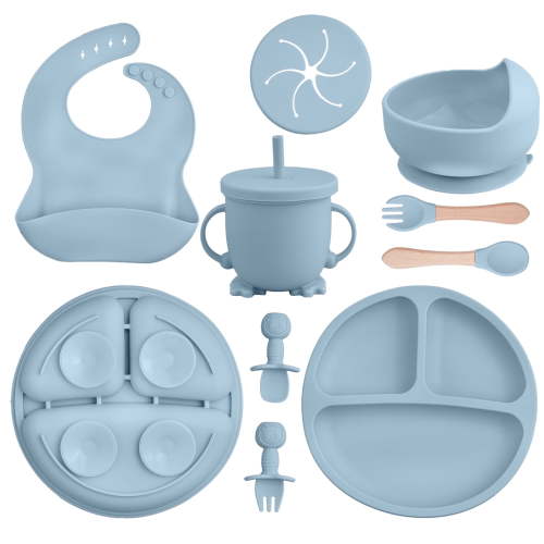Lumikrypt 9 Pcs Silicone Baby Feeding Set, Baby Led Weaning Utensils, Baby Suction Bowl, Plates, Bib, Spoons Set, Sippy Cup with Straw, Baby Self Feeding Supplies Set(Grey blue)