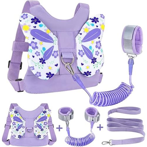 Accmor Toddler Harness Leash, Cute Butterfly Kids Leash + Anti Lost Wrist Link for Outdoor Travel, Mini Child Walking Harness Wristband Assistant Strap Belt for Baby Girls (Purple)