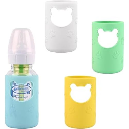 4 Pack Silicone Sleeves for Dr Brown's Glass Baby Bottles, Anti Breakage Baby Bottle Holder, Compatible Dr. Brown's Natural Narrow Glass Baby Bottles 4 oz, BPA Free (White+Blue+Green+Yellow)