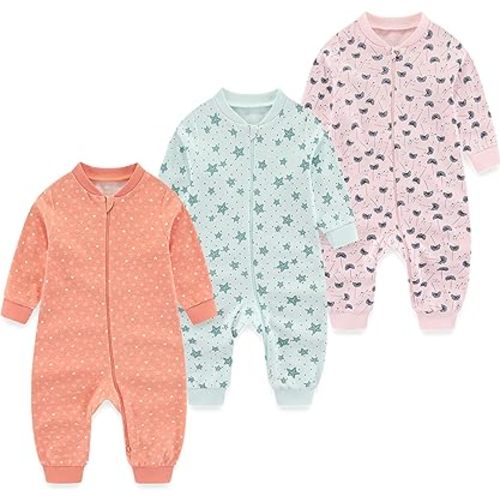 Newborn Baby 2-way Zipper Romper Cotton One-piece Jumsuit 3-pack, 0-24 Months