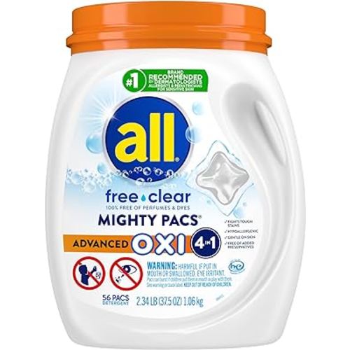 all Laundry Detergent Pacs, Mighty Pacs with OXI Stain Removers and Whiteners, Free Clear, Unscented and Dye Free, 56 Count
