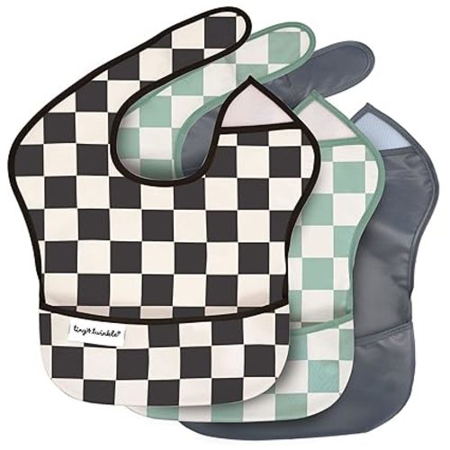 Tiny Twinkle - Baberos a prueba de manchas para bebés para comer | Baberos impermeables y lavables para niños con bolsillo para todo | Baberos para la hora de comer para niñas y niños (paquete de 3