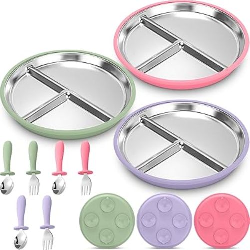 Nuogo 9 Pcs 304 Stainless Steel Baby Suction Plates with Forks and Spoons 9'' Divided Toddler Plates Set with Removable Silicone Sleeve Baby Feeding Utensils for Kids Led Weaning Supplies, 3 Packs