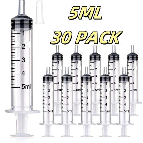 30 Pack 5ml/cc Plastic Syringe, Individually Wrapped, for Science Labs, Liquid Measuring, Watering, Refilling, Feed Small Pets, Oil or Glue Applicator