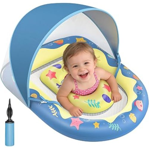 Baby Pool Float with UPF 50+ Canopy, Anti-Flip Inflatable Swim Ring Blue
