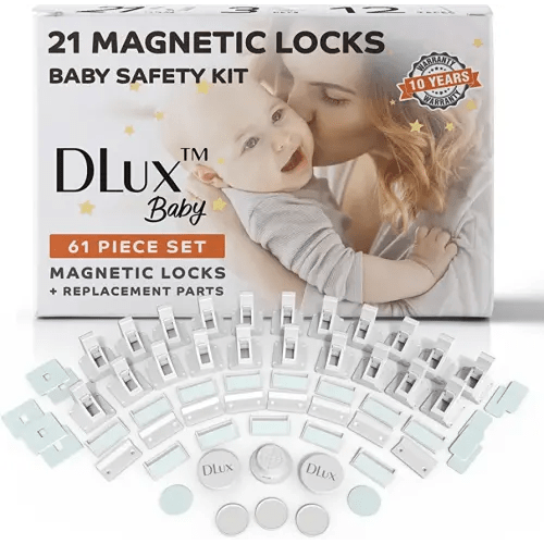 DLux 21 Magnetic Cabinet Locks 3 Keys, Child Safety 61-Piece Kit, Magnet Locks with New Upgraded Adhesive, Easy Installation, No-Drill Baby Proofing Locks to Childproof Cabinets & Drawers
