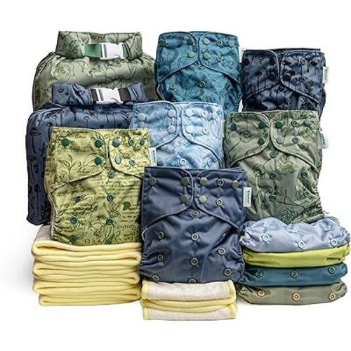 Kinder Cloth Diapers Reusable Baby Diapers Pocket Style Athletic Wicking Jersey, Bamboo Viscose Inserts, Wet Bag, Newborn to Potty Training 7-60lbs, One Size (Tranquil Garden, 10 Pack, with Inserts)