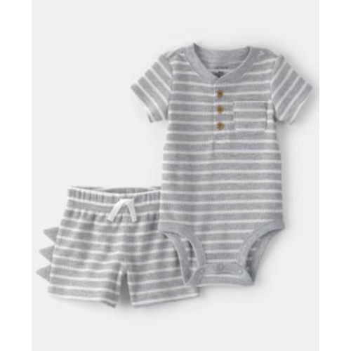 Baby Boys' Dino Spikes Waffle-Knit Short-Sleeve Bodysuit & Shorts, 2-Piece Set