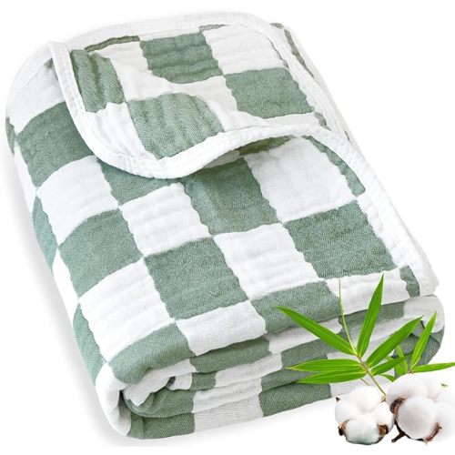 Muslin Baby Blanket Unisex Sage Green Checkerboard Toddler Blanket for Bed, 70% Cotton and 30% Rayon Breathable Swaddle Blankets for Newborn Infant 43 x 43 Inches
