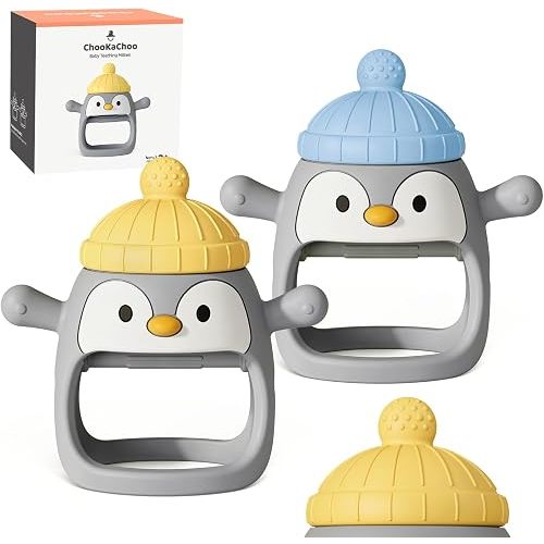 ChooKaChoo 2 Pack Baby Teething Toys for 3-12 Months, Silicone Teething Mitten with Pacifier-Shaped Chew Arms, Wearable No-Drop Hand Teether for Teething Relief, BPA Free (Penguin)