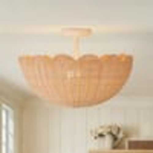 Y'INSP Ravia 17.7 in. 2-Light Bowl Matte White Farmhouse Semi-Flush Mount Scalloped Woven Rattan for Living Room Foyer LT1084531