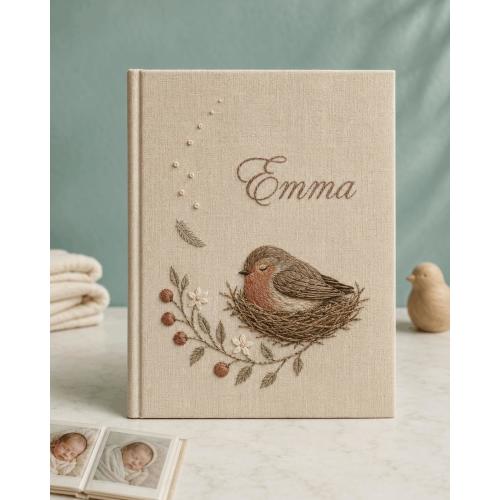 Sleeping Robin Baby Photo Album Personalized Hand Embroidered Linen Memory Book, Bird Nursery Keepsake Gift, Custom Baby Book