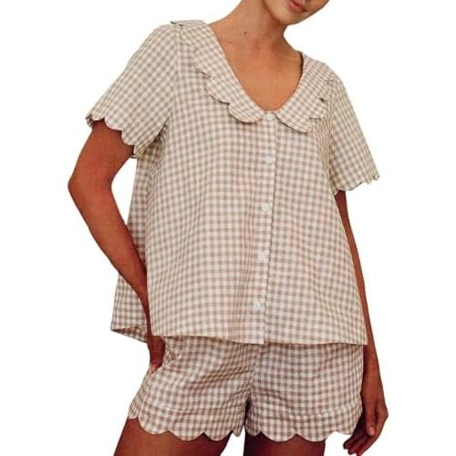 Wyeysyt Womens Gingham Pajama Set Cotton 2 Piece Scalloped Edge Plaid Shirt Top Shorts Sleepwear Lounge Set