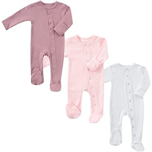 KISBINI Baby Footed Pajamas with Mitten Cuffs Unisex Cotton Snap-up Romper Jumpsuit Sleep and Play 0-12 Months Footies