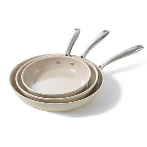 Redchef Non Stick Frying Pans, Ceramic Pan Skillet, Non Toxic Pans for Cooking, 8" 9.5" 11" Ceramic Frying Pan Set PFAS & PTFE & PFOA Free with Stay Cool Handle, Dishwasher & Oven Safe, Beige White