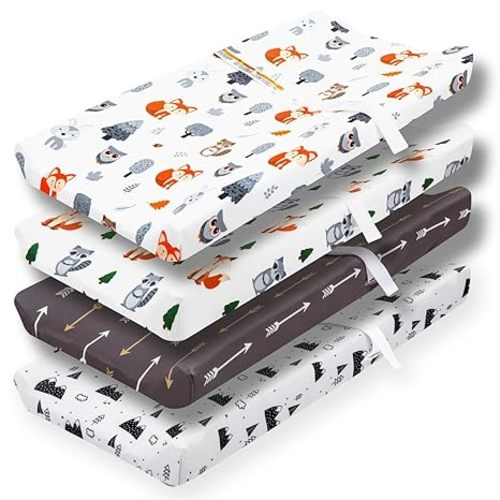 4 Pack Changing Pad Covers Woodland Forest Animals Wood Neutral Unisex Fitted Baby Changing Pad Cover Set for Baby Boys or Girls (Beer)