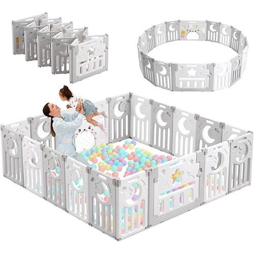 Baby Playpen, Dripex Baby Playard for Babies and Toddlers, 18-Panel Foldable Playpen Adjustable Portable Play Area, Indoor/Outdoor Kids Active Center with Game Panel & Safety Gate, Grey White