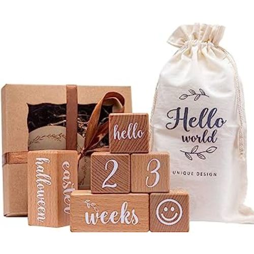 Promise Babe Milestone Blocks Set of 6 Baby Age Blocks for Monthly Milestone Wooden Photo Props Set Perfect for Baby Shower and Keepsake