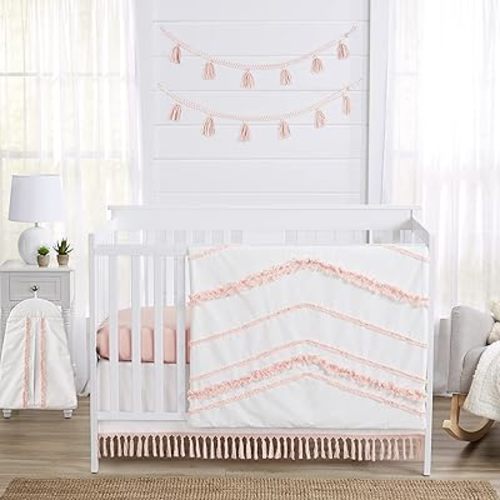 Sweet Jojo Designs 4-Piece Baby Crib Bedding Set (100% Cotton Bohemian Pink) for Girls, Infants/Nursery incl. Blanket, Fitted Sheet, Skirt, Diaper Stacker (Farmhouse, Shabby Chic, Modern, Minimalist)