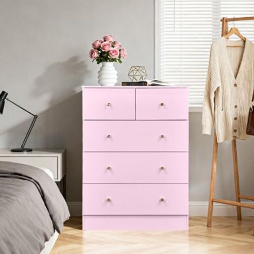 Resenkos 5 Drawer Dresser with Gold Handle, Nursery Dresser Chest Of Drawers Organizer, Pink