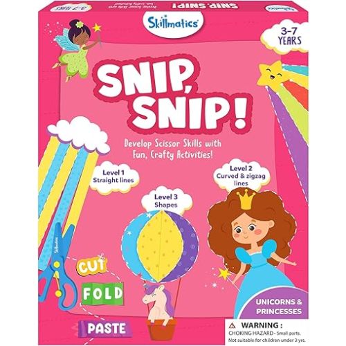 Skillmatics Scissor Skills Activity Book - Snip Snip Unicorns & Princesses, 25 Fun Cutting & Creative Activities for Preschoolers, 2 Child-Safe Scissors, Felt Craft Kit, Gifts for Ages 3, 4, 5, 6, 7
